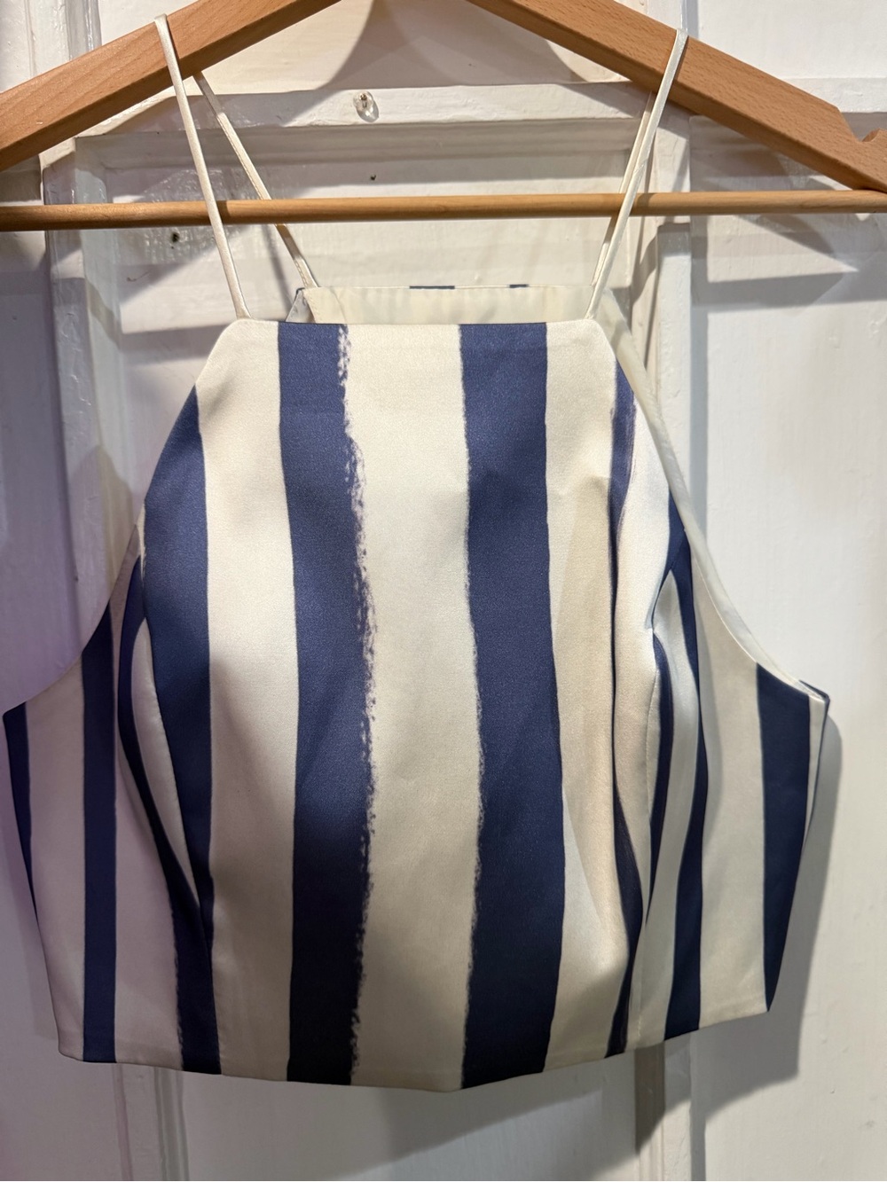 Topshop Navy and White Strapless Vertical Stripe Crop Top